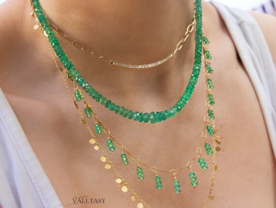 14K Solid Gold Emerald Beaded Necklace, Genuine Zambian Emerald Gemstone Necklace