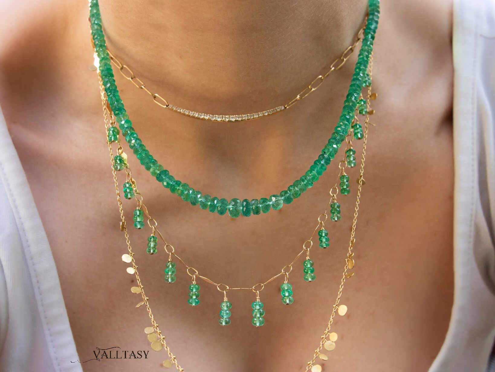 - 14K Solid Gold Emerald Fringe Necklace, Genuine Zambian Emerald Gemstone Necklace
