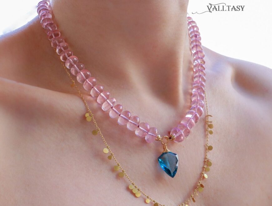 The Pink Swan Necklace – Solid Gold 14K Silk Knotted Rose Quartz Necklace with London Blue Topaz, One of a Kind