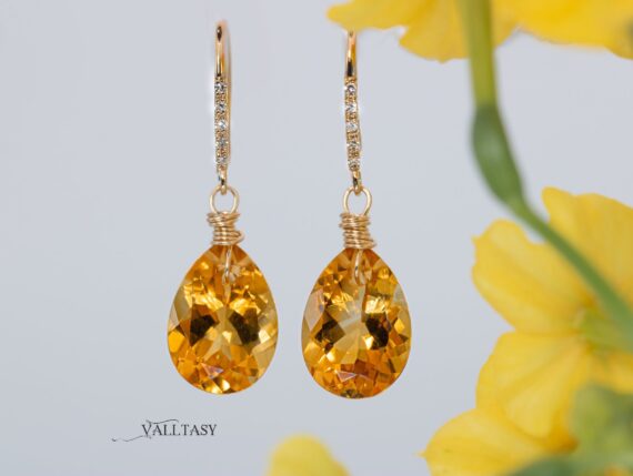 Solid Gold 14K Diamond Pear Madeira Citrine Earrings, Genuine Natural Citrine Earrings