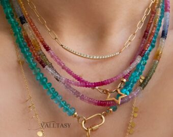 Solid Gold 14K Multi Sapphire Beaded Necklace, Layering Colorful Sapphire Necklace
