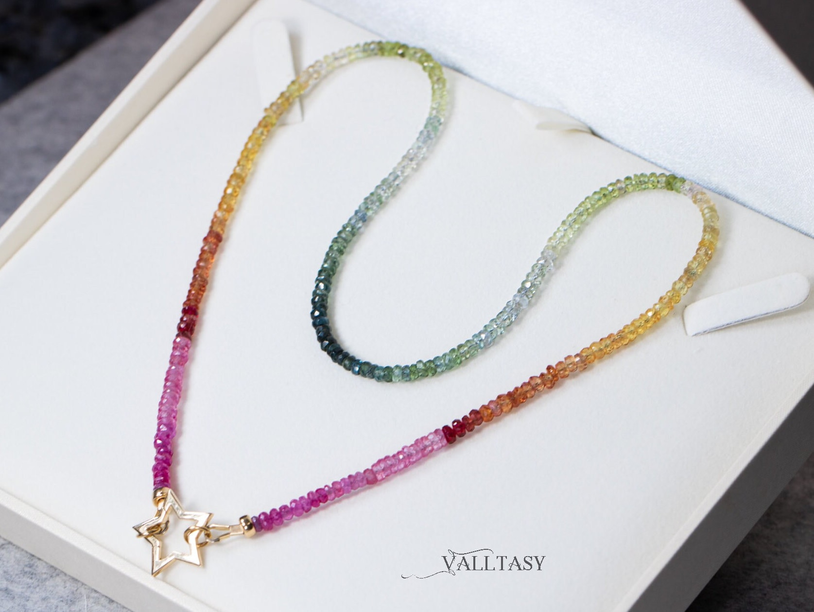 Solid Gold 14K Multi Sapphire Beaded Necklace with a Star Connector, Layering Rainbow Sapphire Necklace