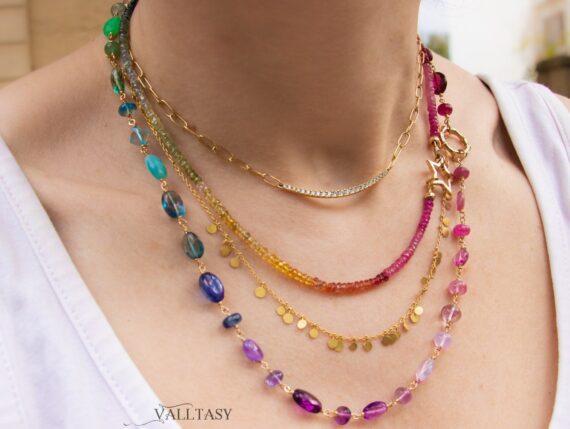 Solid Gold 14K Multi Sapphire Beaded Necklace with a Star Connector, Layering Rainbow Sapphire Necklace