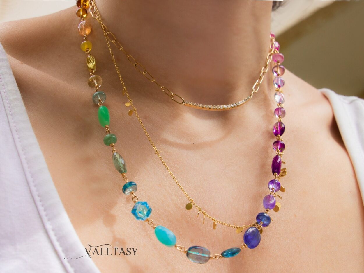 Long Rainbow gemstone candy necklace 14k gold OOAK – Vivien Frank Designs