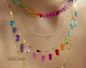 14K Solid Gold Rainbow Gemstone Fringe Necklace, Multi Gemstone Drop Necklace