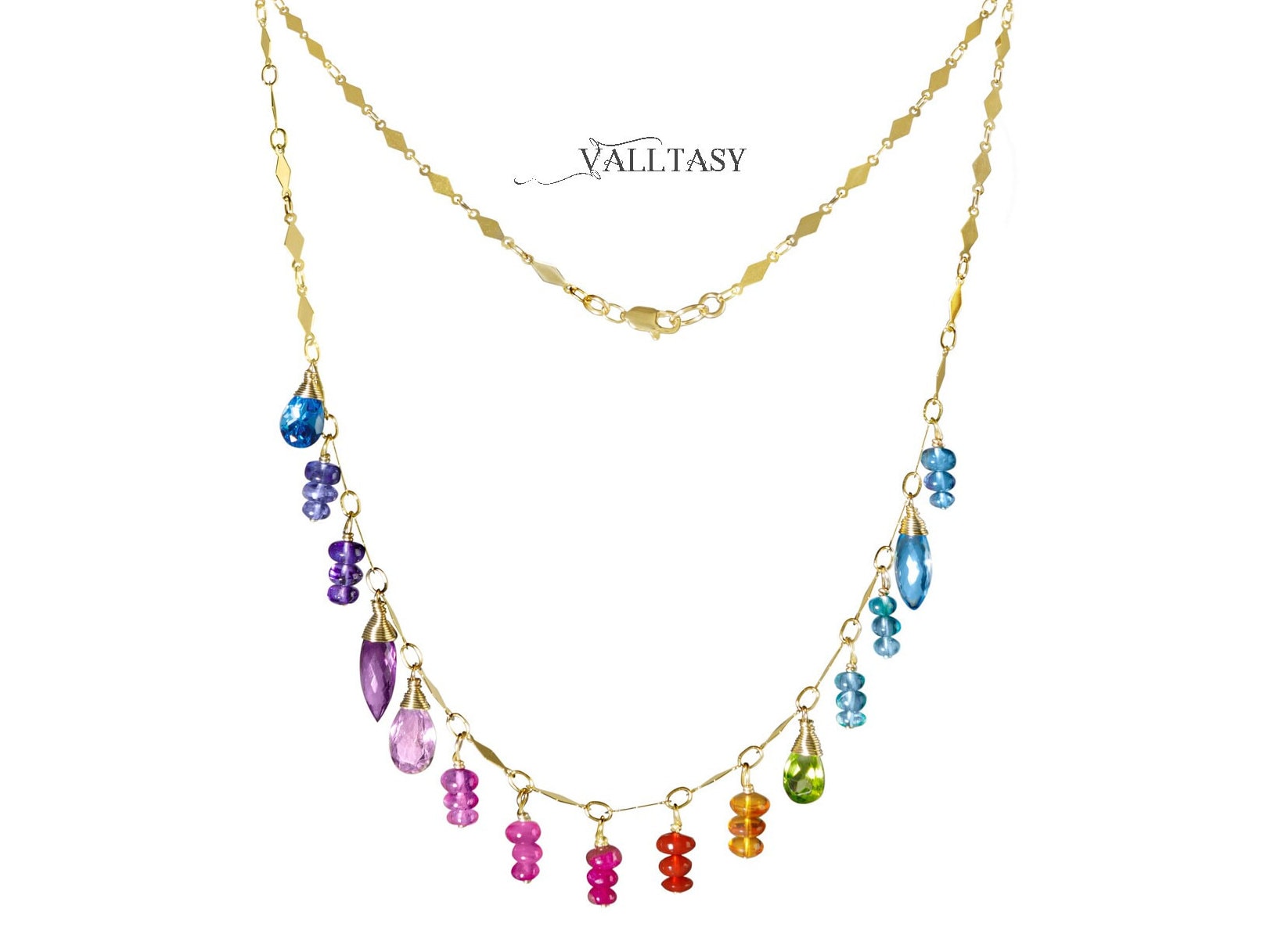 14K Solid Gold Rainbow Gemstone Fringe Necklace, Multi Gemstone Drop Necklace