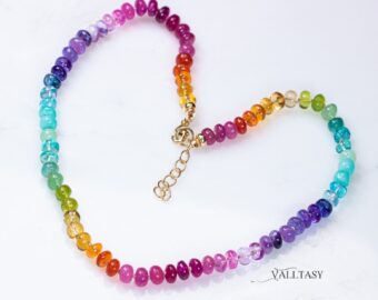 Solid Gold 14K Rainbow Silk Knotted Necklace, Multi Gemstone Necklace with a Repeating Rainbow