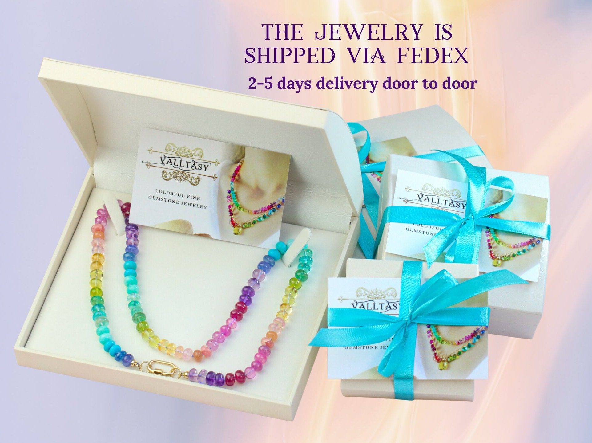 Solid Gold 14K Rainbow Silk Knotted Necklace, Multi Gemstone Necklace with a Repeating Rainbow
