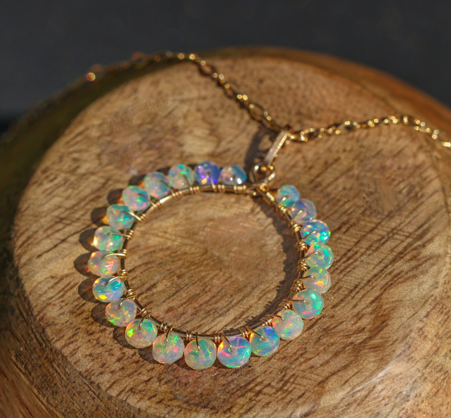 The Elixir Necklace - Ethiopian Welo Opal Wire Wrapped Gemstone Hoop Pendant Necklace