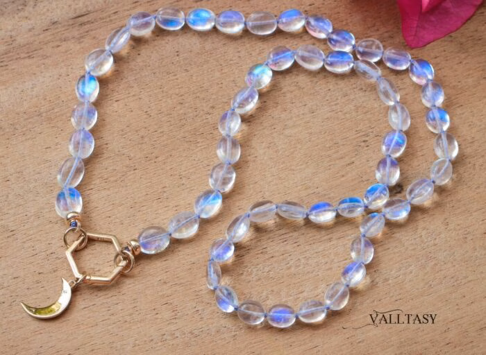Rainbow Moonstone Necklace silk knotted 14K Gold