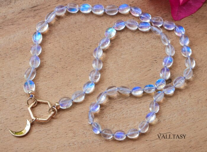Rainbow Moonstone Necklace silk knotted 14K Gold