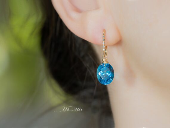 Solid Gold 14K Diamond Oval Swiss Blue Topaz Earrings, Genuine Natural Topaz Earrings