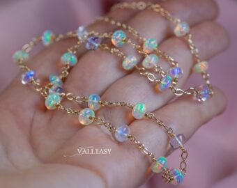 Solid Gold 14K Ethiopian Opal and Rainbow Moonstone Gemstone Necklace, Gemmy Necklace