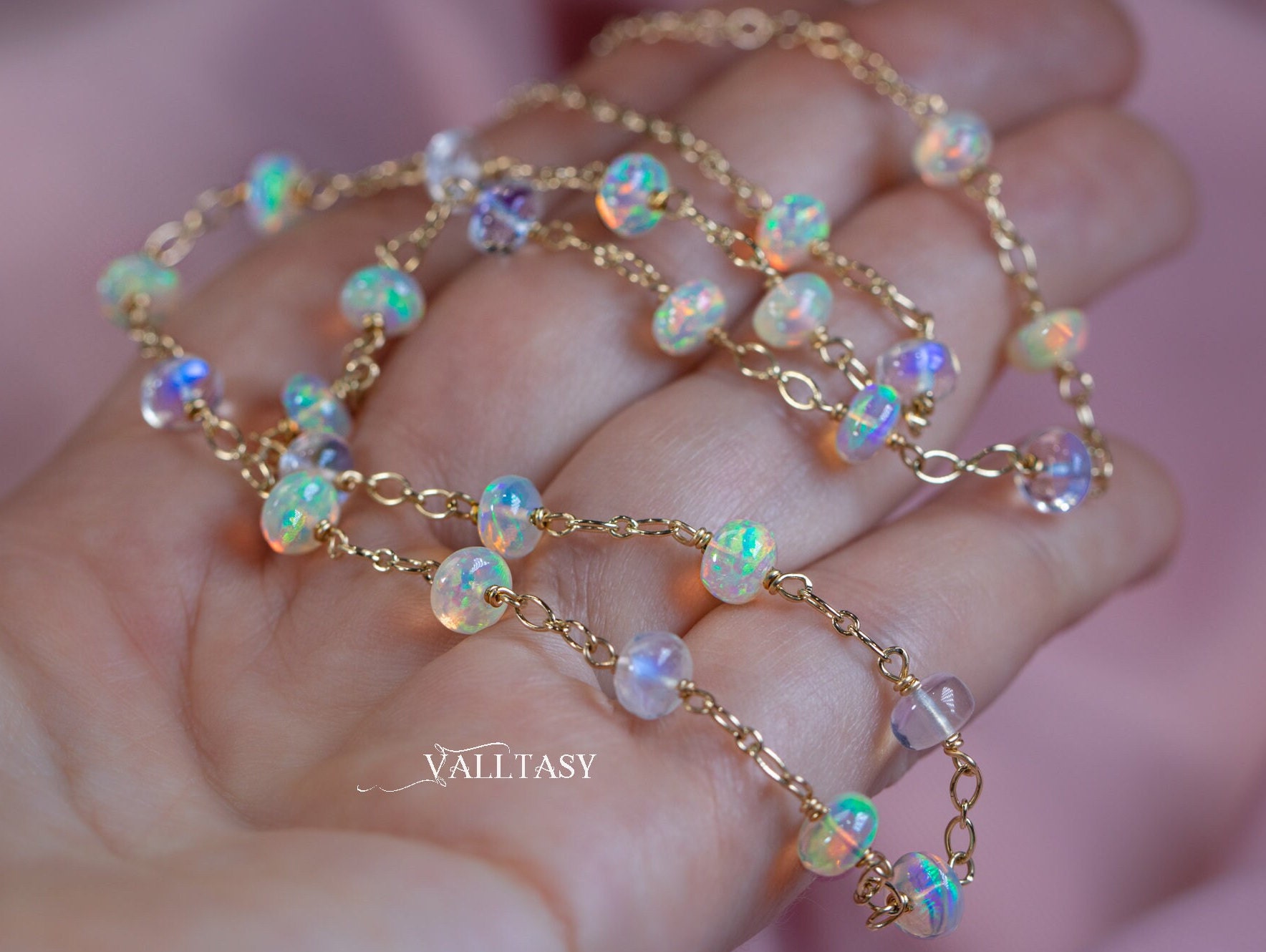 Solid Gold 14K Ethiopian Opal and Rainbow Moonstone Gemstone Necklace, Gemmy Necklace