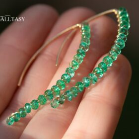 The Emerald Gleam Earrings – Solid Gold 14K Genuine Emeralds Earrings, Modern Open Hoop Earrings