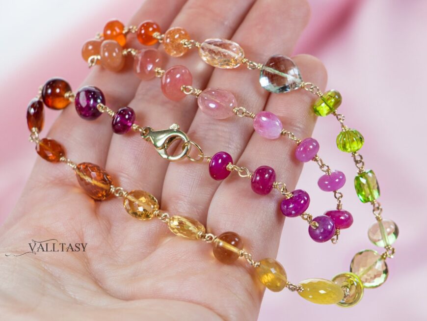 Solid Gold 14K Multi Gemstone Necklace Wire Wrapped in Gold, Gemmy Necklace, Colorful Multi Stone Fancy Shaped Necklace with Lobster Jewelry Clasp Type