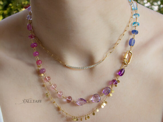Solid Gold 14K Pastel Gemstone Necklace Wire Wrapped in Gold, Gemmy Necklace, Colorful Multi Stone Fancy Shaped Necklace