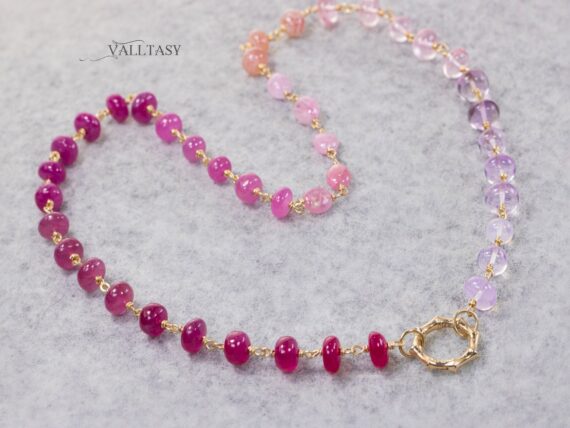 Solid Gold 14K Pink Necklace Wire Wrapped in Gold, Gemmy Necklace, Colorful Multi Stone Fancy Shaped Necklace