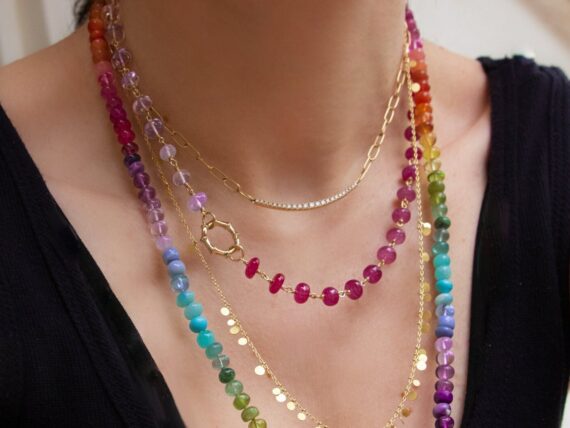 Solid Gold 14K Pink Necklace Wire Wrapped in Gold, Gemmy Necklace, Colorful Multi Stone Fancy Shaped Necklace