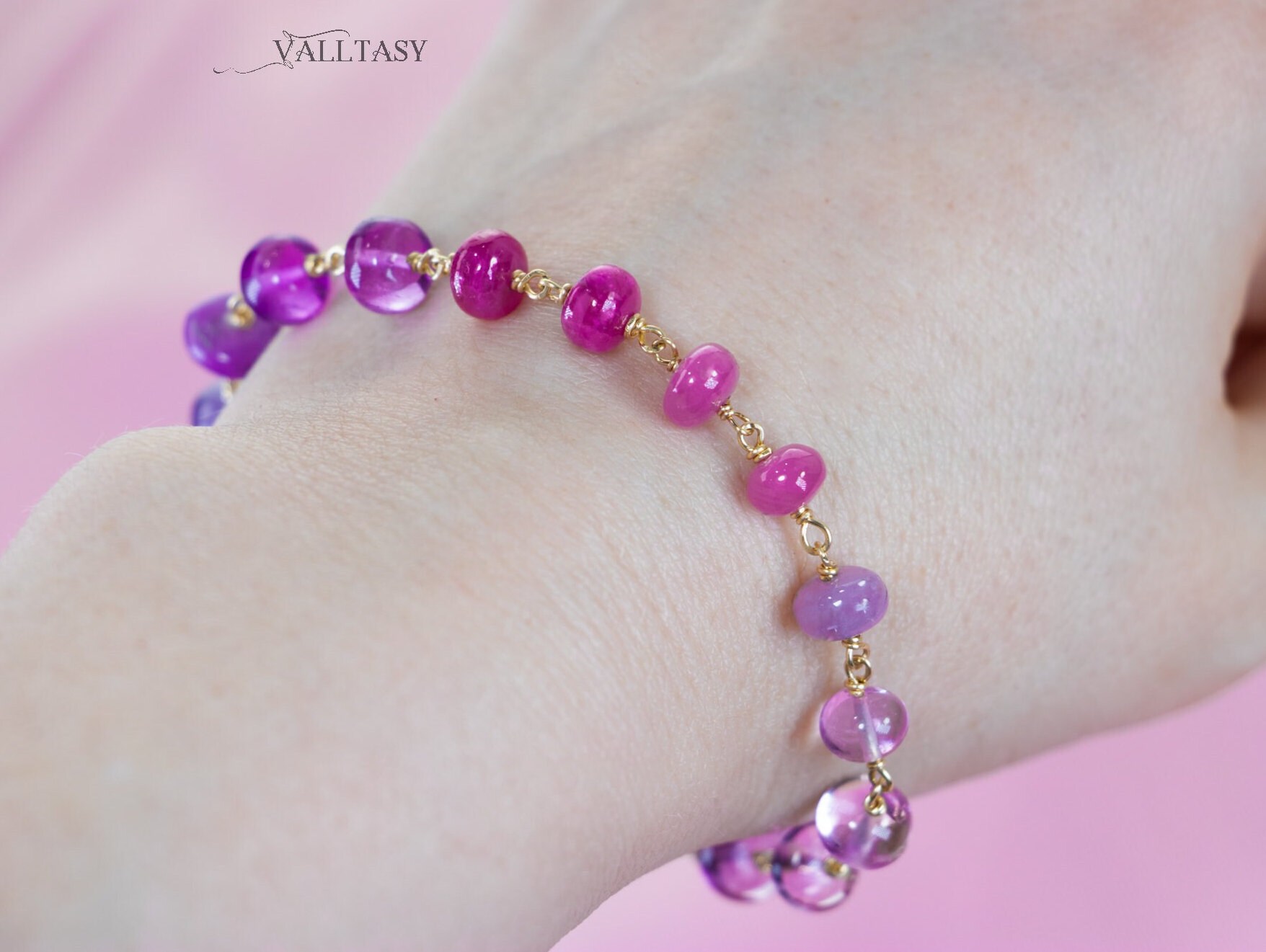 Solid Gold 14K Purple Pink Gemstone Bracelet, Wire Wrapped Bracelet with Pink Sapphires, Rubies and Tanzanites