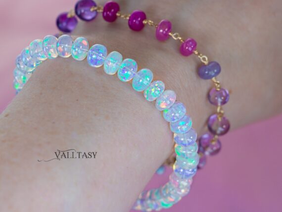 Solid Gold 14K Purple Pink Gemstone Bracelet, Wire Wrapped Bracelet with Pink Sapphires, Rubies and Tanzanites