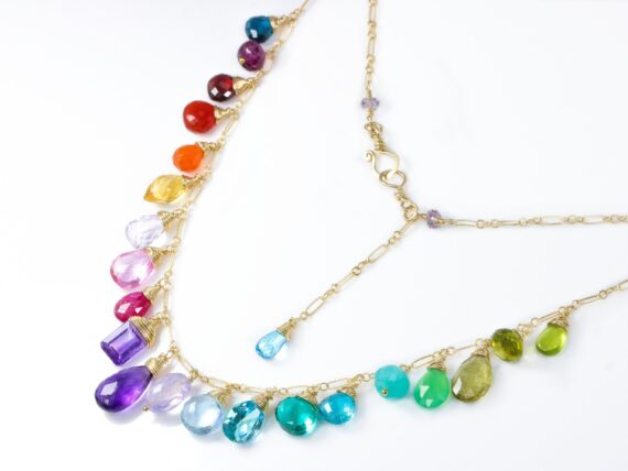 Rainbow Multi Gemstone Necklace in Gold Filled, Precious Drop Necklace