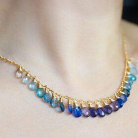The Ocean Wave Necklace – Solid Gold 14K Blue Gemstone Gradated Necklace with Kyanite, Aquamarine and Topaz