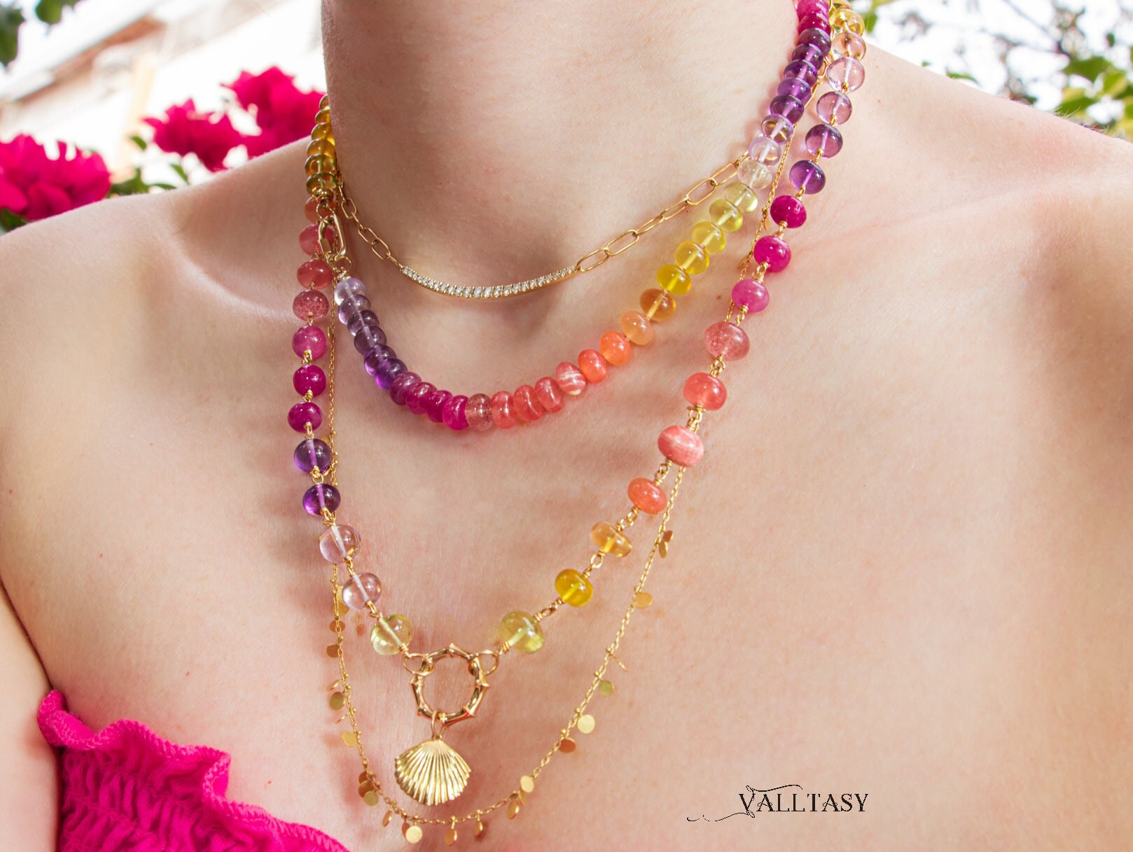 - Solid Gold 14K Multi Gemstone Necklace Wire Wrapped in Gold, Gemmy Necklace