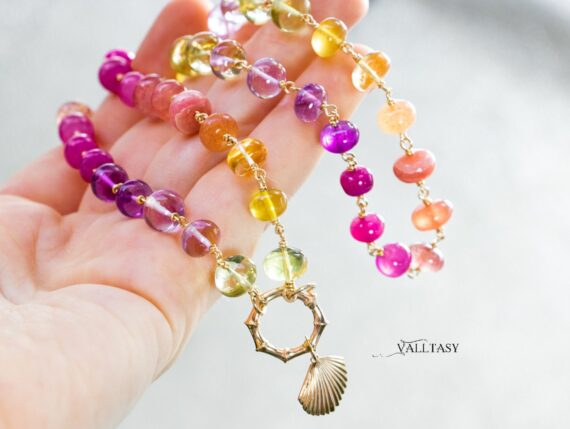 Solid Gold 14K Multi Gemstone Necklace Wire Wrapped in Gold, Gemmy Necklace
