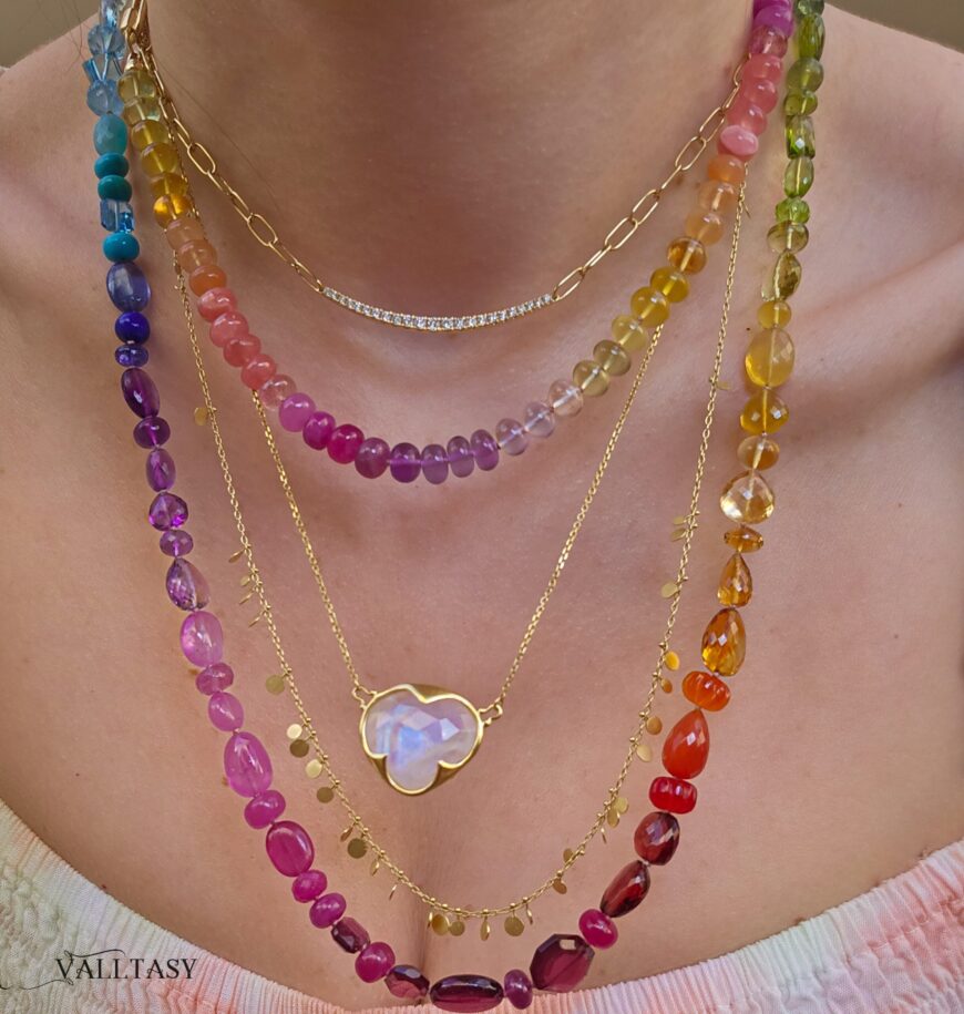 Solid Gold 14K Silk Knotted Geometric Rainbow Multi Gemstone Necklace, Long Knotted Necklace with Multi Shaped Gemstones