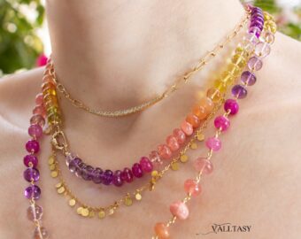 Solid Gold 14K Silk Knotted Sunset Inspired Multi Gemstone Necklace