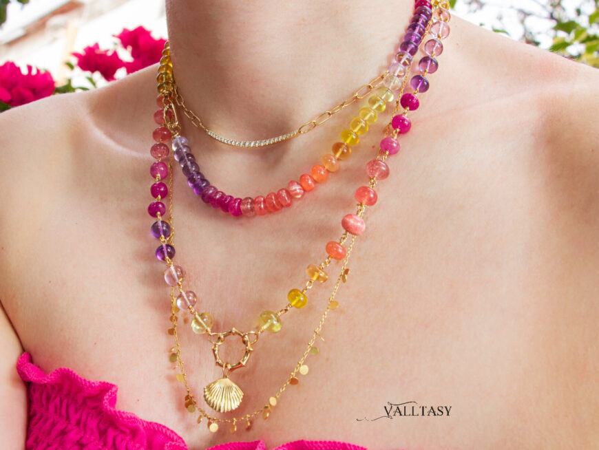 Solid Gold 14K Silk Knotted Sunset Inspired Multi Gemstone Necklace