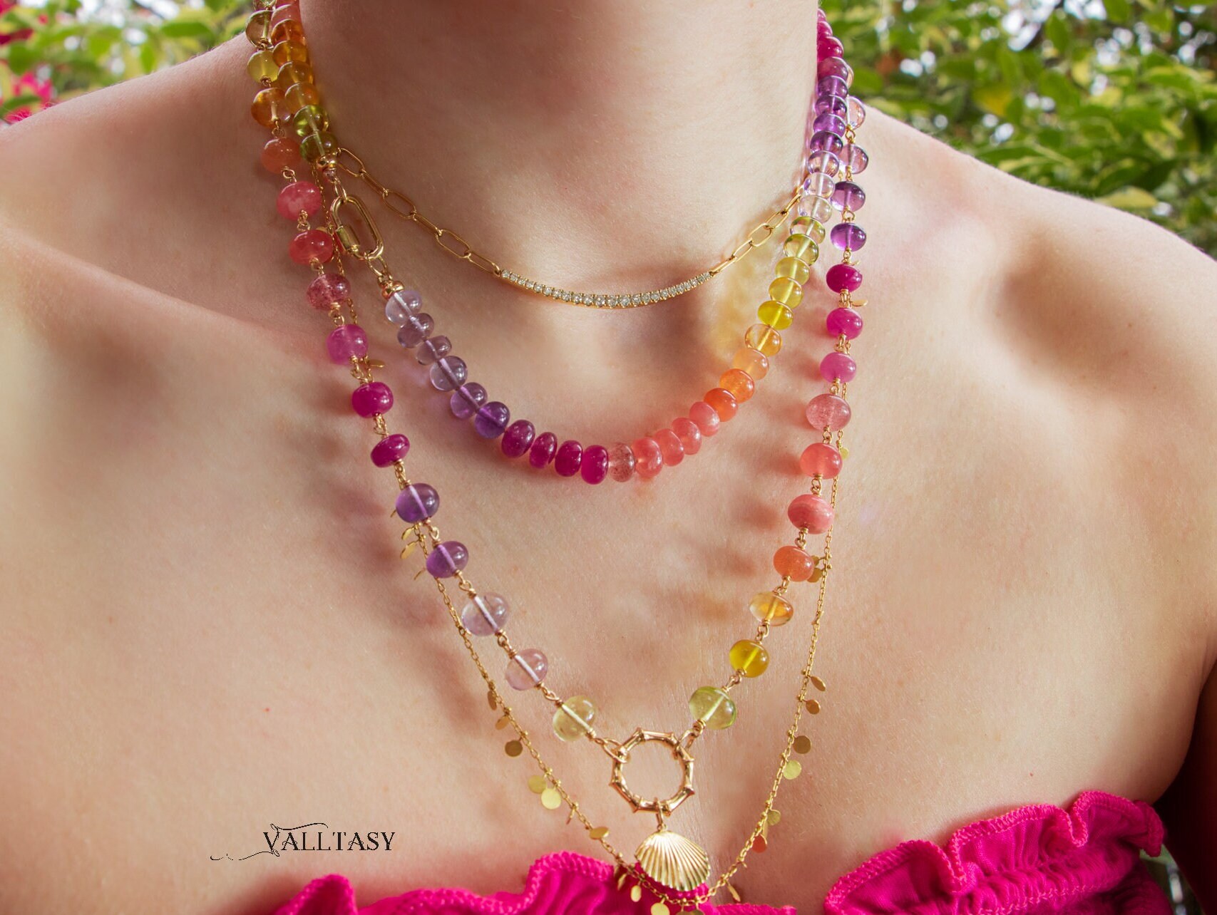 - Solid Gold 14K Silk Knotted Sunset Inspired Multi Gemstone Necklace