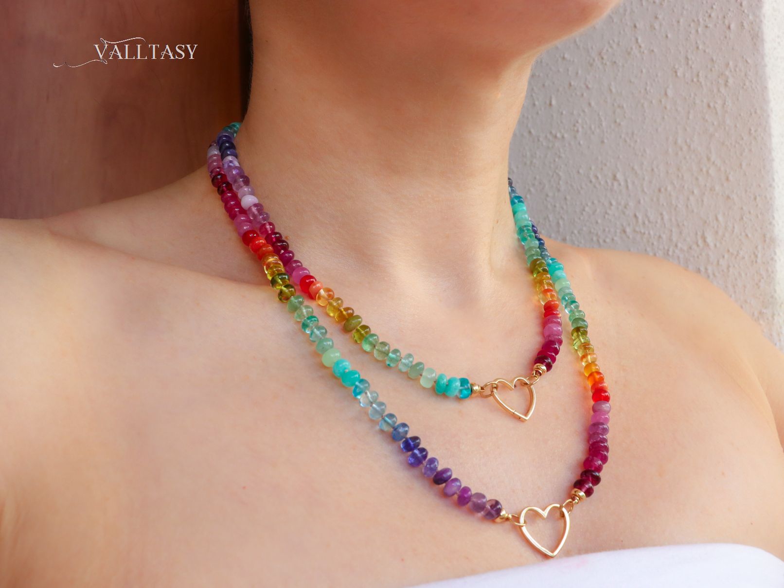 Silk knotted rainbow necklaces.