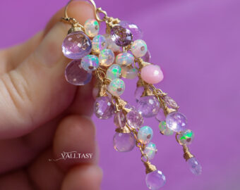 Solid Gold 14K Ethiopian Opal and Lavender Pink Gemstone Earrings
