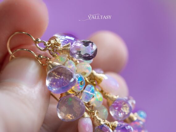 Solid Gold 14K Ethiopian Opal and Lavender Pink Gemstone Earrings