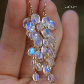 The Diamond Frost Earrings – Solid Gold 14K Rainbow Moonstone Dangle Cluster Earrings, Finest Quality Moonstone Earrings