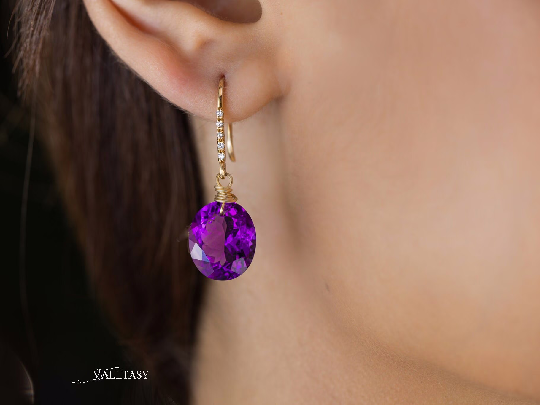 - Solid Gold 14K Diamond Oval Amethyst Earrings, Genuine Natural Amethyst Earrings