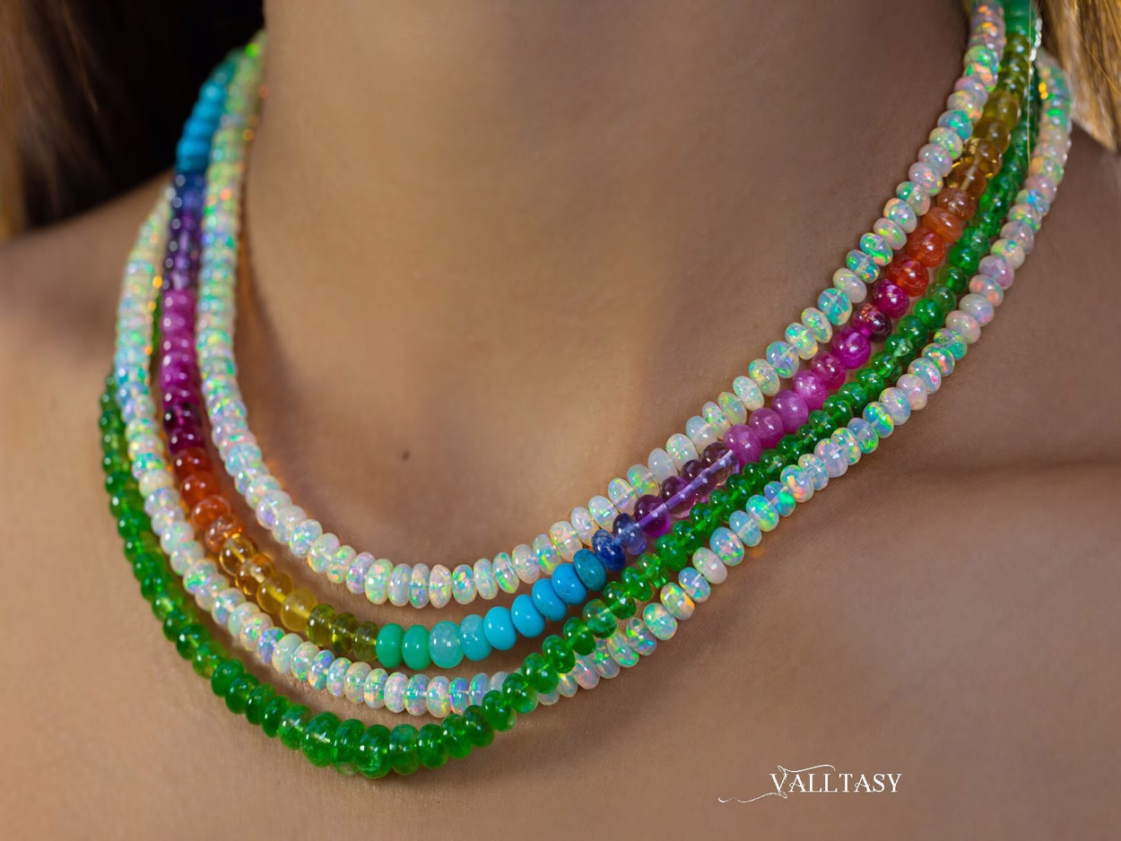 Solid Gold 14K Double Rainbow and Opal Necklace, Multi Strand Colorful Beaded Necklace with Welo Opals