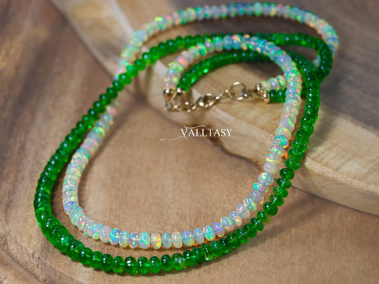 Solid Gold 14K Double Tsavorite and Opal Necklace, Multi Strand Green Garnet Beaded Necklace with Welo Opals