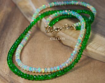 Solid Gold 14K Double Tsavorite and Opal Necklace, Multi Strand Green Garnet Beaded Necklace with Welo Opals
