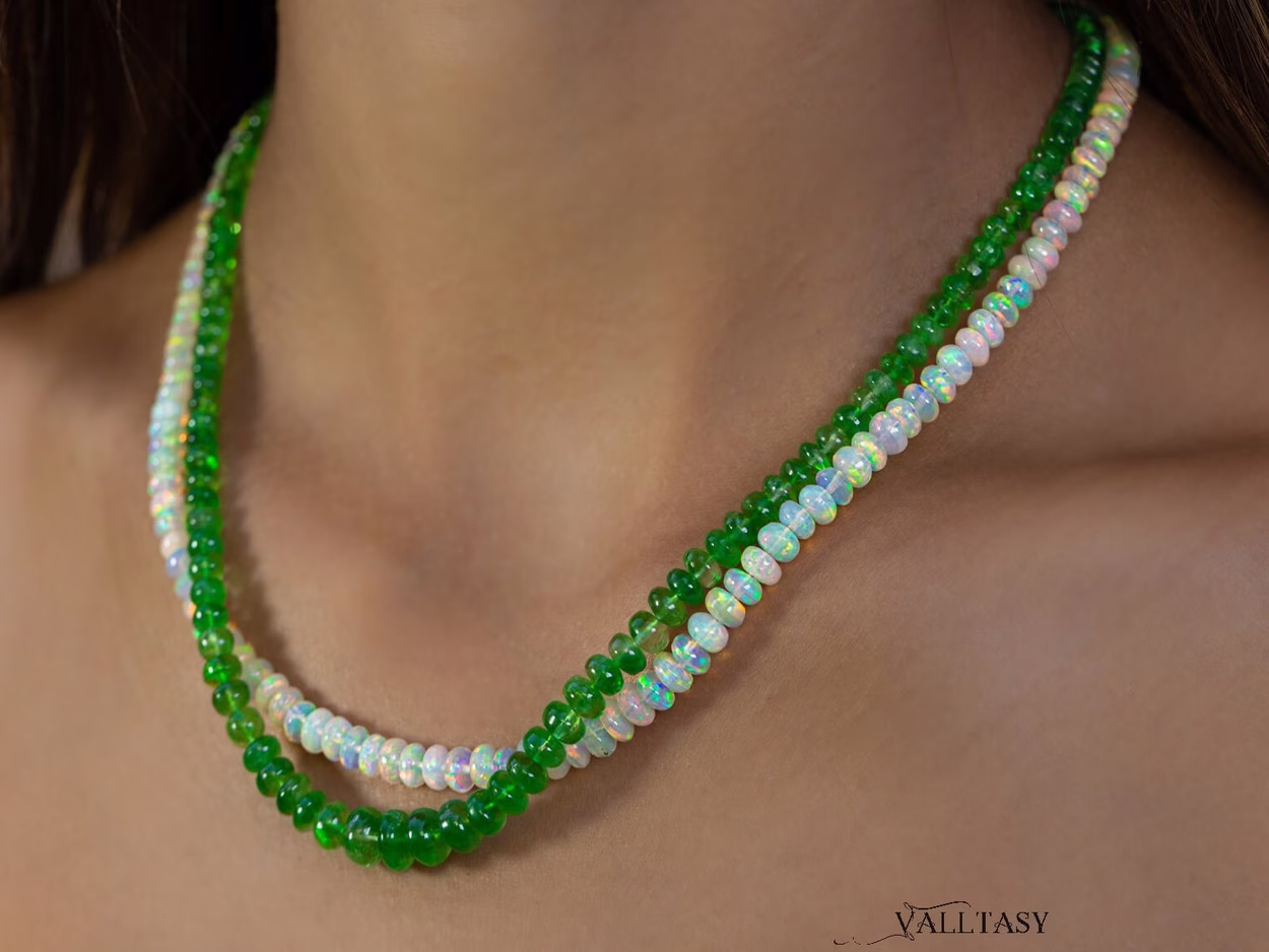 Solid Gold 14K Double Tsavorite and Opal Necklace, Multi Strand Green Garnet Beaded Necklace with Welo Opals