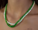 Solid Gold 14K Double Tsavorite and Opal Necklace, Multi Strand Green Garnet Beaded Necklace with Welo Opals