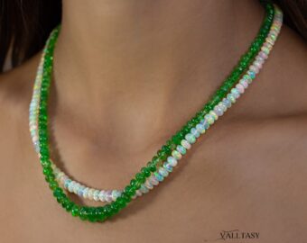Solid Gold 14K Double Tsavorite and Opal Necklace, Multi Strand Tsavorite Beaded Necklace with Welo Opals