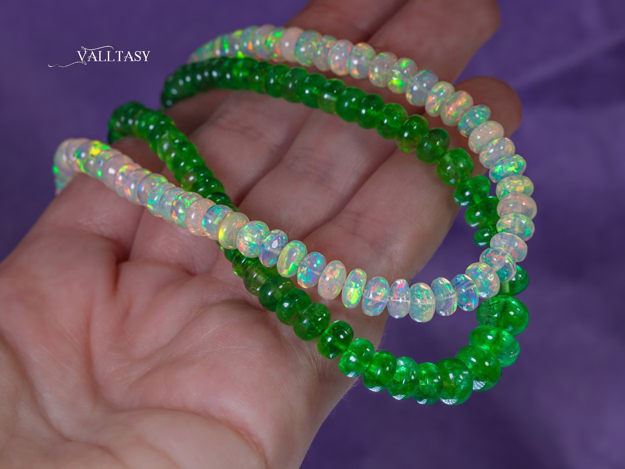 Solid Gold 14K Double Tsavorite and Opal Necklace, Multi Strand Green Garnet Beaded Necklace with Welo Opals