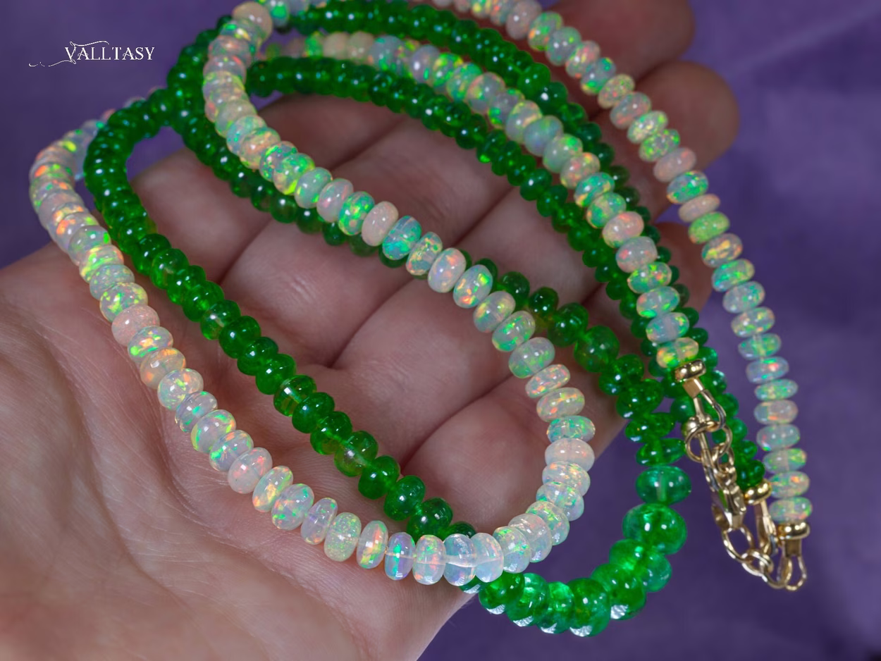 Solid Gold 14K Double Tsavorite and Opal Necklace, Multi Strand Green Garnet Beaded Necklace with Welo Opals