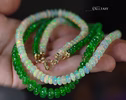 Solid Gold 14K Double Tsavorite and Opal Necklace, Multi Strand Green Garnet Beaded Necklace with Welo Opals
