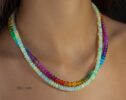 Solid Gold 14K Double Rainbow and Opal Necklace, Multi Strand Colorful Beaded Necklace with Welo Opals