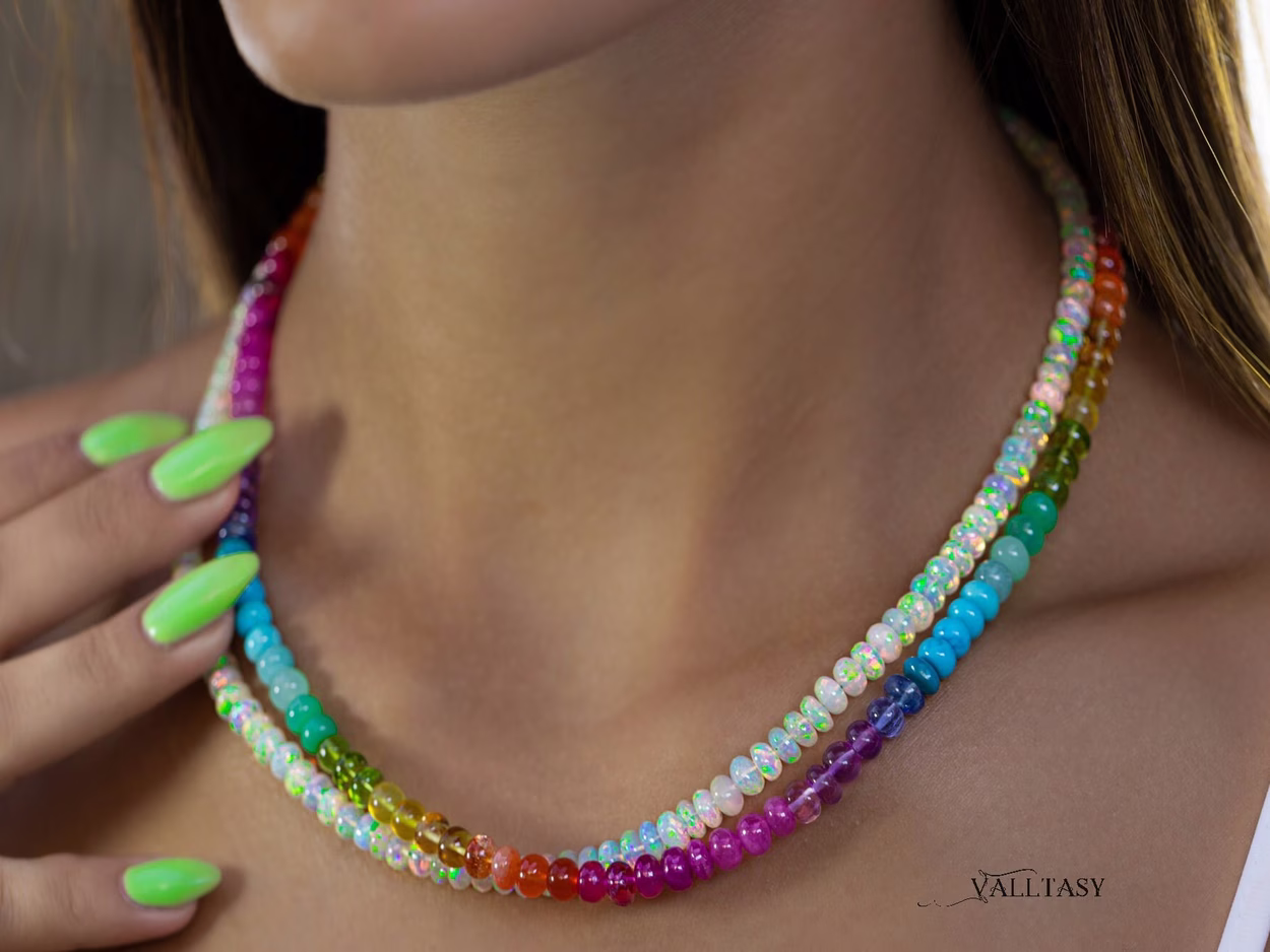 Solid Gold 14K Double Rainbow and Opal Necklace, Multi Strand Colorful Beaded Necklace with Welo Opals