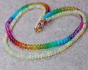Solid Gold 14K Double Rainbow and Opal Necklace, Multi Strand Colorful Beaded Necklace with Welo Opals
